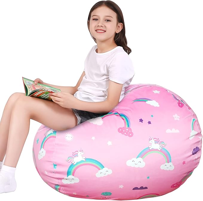 Lukeight Unicorns Stuffed Animal Storage Bean Bag Chair Cover for Kids, Unicorns Zipper Beanbag Chair Cover for Organizing Toddler and Kids' Rooms Plush Toys (Rainbow Pink, X-Large)