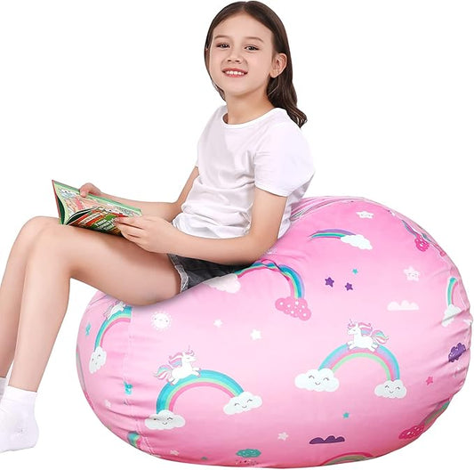 Lukeight Unicorns Stuffed Animal Storage Bean Bag Chair Cover for Kids, Unicorns Zipper Beanbag Chair Cover for Organizing Toddler and Kids' Rooms Plush Toys (Rainbow Pink, X-Large)