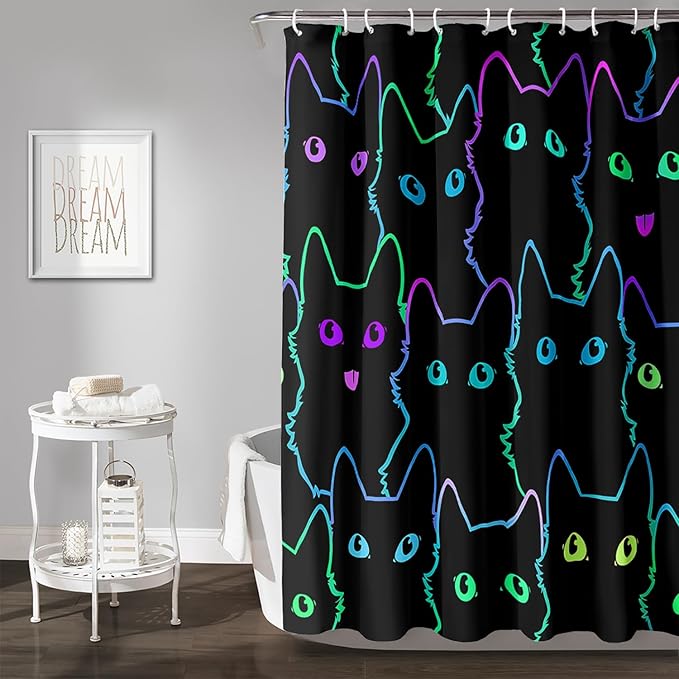 AILONEN Cute Cat Shower Curtain for Bathroom,Gradient Line Kawaii Kitten Bath Curtain for Kids Boys Girls,Color Cartoon Animal Polyester Waterproof with 12 Plastic Hooks 72" W*72" H