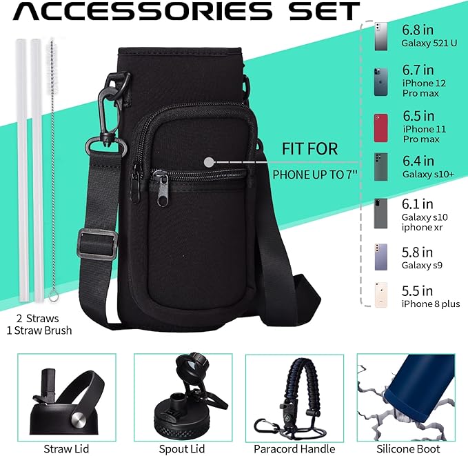 Water-Bottle Insulated 40oz with Straw - Carrying Pouch & Paracord Handle, Leakproof Thermo Flask Bottle Keep Cold 48H Hot 24H, Sport Canteen Stainless Steel Water Bottle for Indoor Outdoor