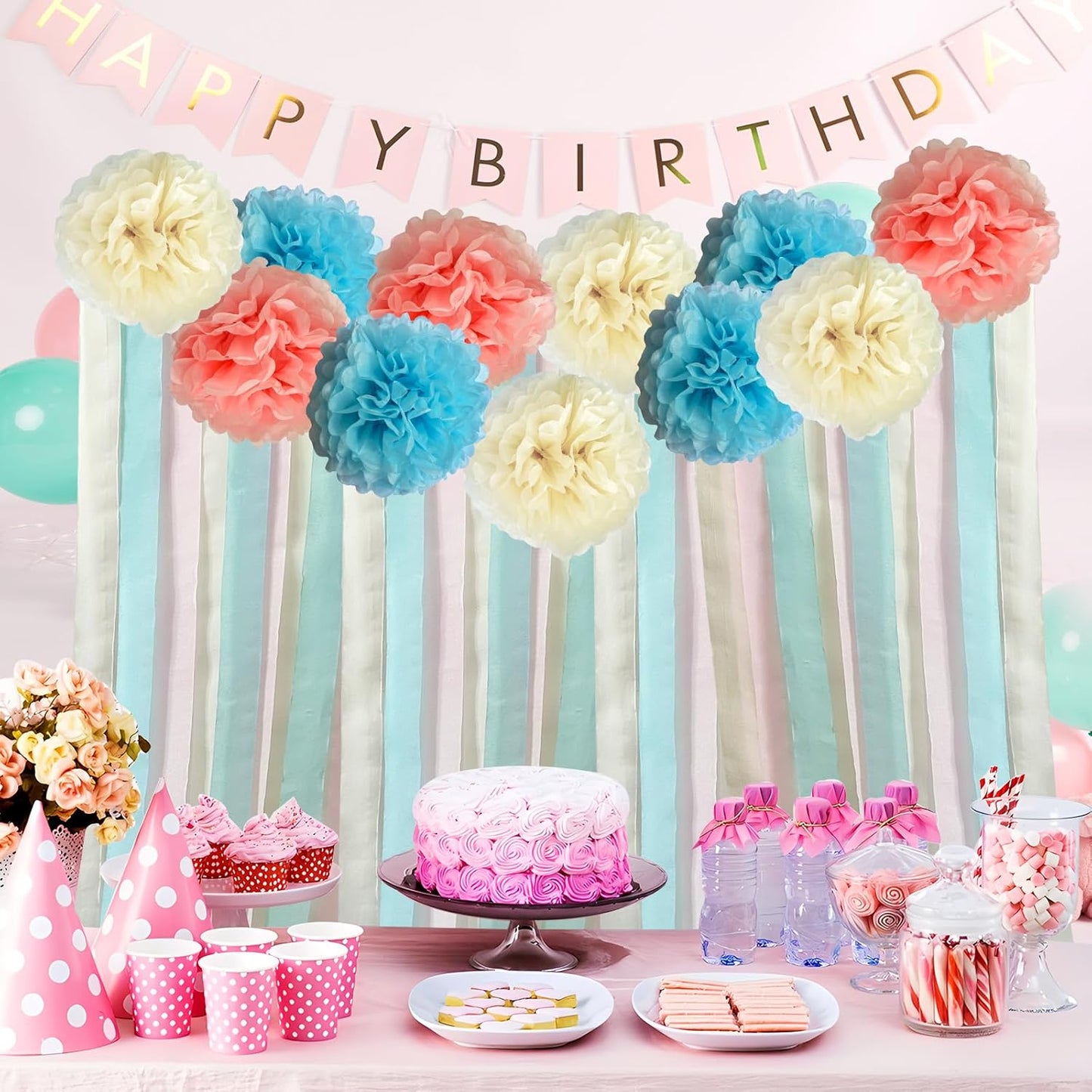 Dreamy Party Streamers Decorations Paper Pom Poms for Wedding Decor, Birthday Parties, Bachelor Parties, Baby Showers, Party Backgrounds, Ceiling Wall Hangings