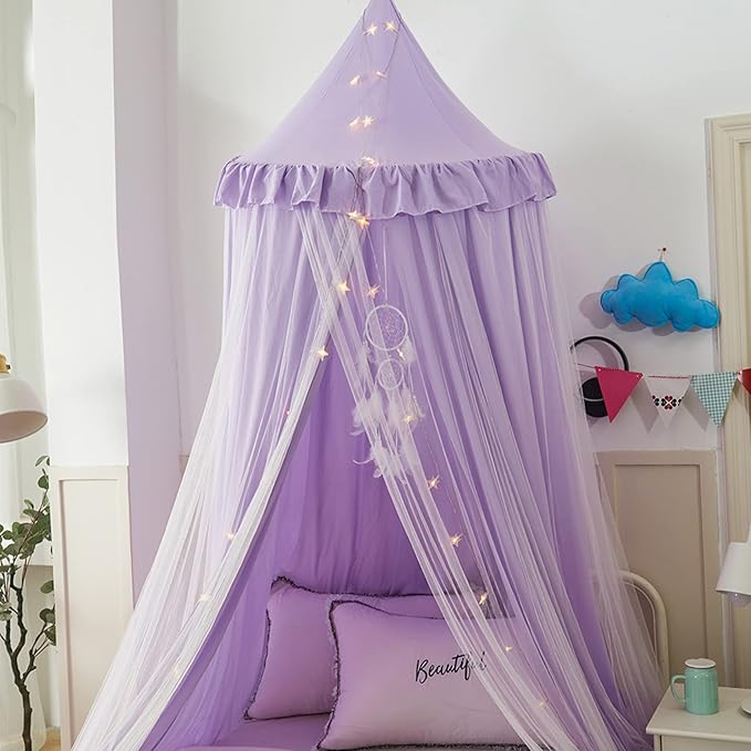 VETHIN Bed Canopy for Kids with Lights,Double Layer Princess Round Dome Children Dreamy Mosquito Net Bedding Girls Room Castle Play Tent Hanging House Decor Reading Nook Canopies(Purple/White)