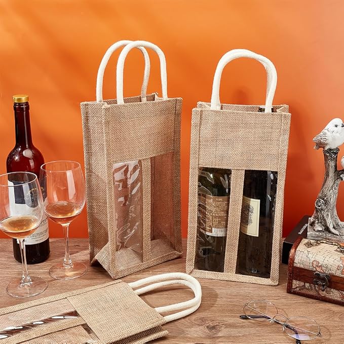 BENECREAT 3 Packs Burlap Wine Bottle Bag Jute Wine Tote Gift Bag with 2 Clear Window and Handle for Wedding Birthday Festivals Souvenir Packaging Wine Gift Packaging (Double Bottles)