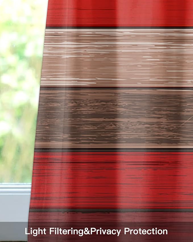 Farmhouse Kitchen Curtains Valances for Windows , Christmas Red Brown Rod Pocket Country Window Treatment for Kitchen /Living Room/Bedroom/ Bathroom,60" X 18" -1 Panel, Retro Rustic Barn Wood Texture