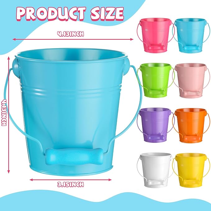 Therwen 24 Pieces Small Metal Buckets with Handle Colored Galvanized Bucket Round Metal Pail for Kids Classroom Candy Crafts,Utensils, Vase Party Favor(4.13 Inch,Wood Handle)