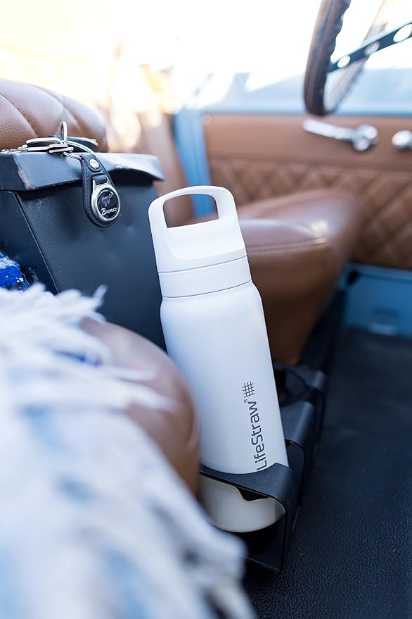 LifeStraw Go Series – Insulated Stainless Steel Water Filter Bottle for Travel and Everyday use removes Bacteria, parasites and microplastics, Improves Taste, 24oz Polar White