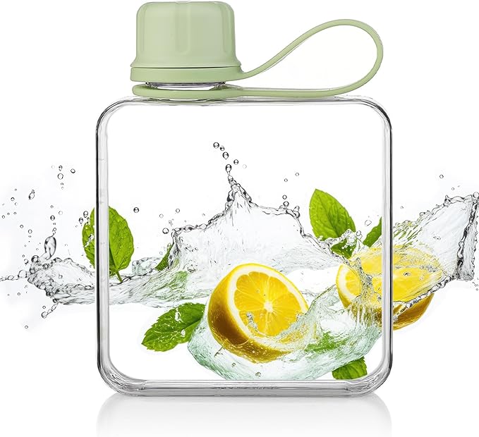 Tritan Transparent Flat Water Bottle samll Water Bottle Slim Square Pocket Bottle Water Flask, BPA Free/Slim Design/Leak Proof Water Bottle for Travel, Outdoor, Sports (Matcha Green, 320ML)