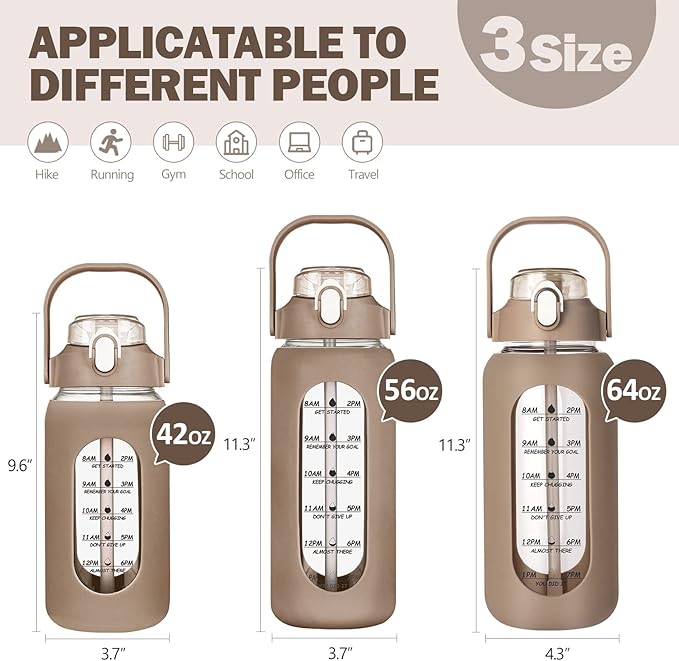 kytffu 42oz Glass Water Bottles with Straw, Motivational Glass Bottle with Silicone Sleeve and Time Marker, Leakproof Large Glass Water Jug for Gym Home Office,Amber