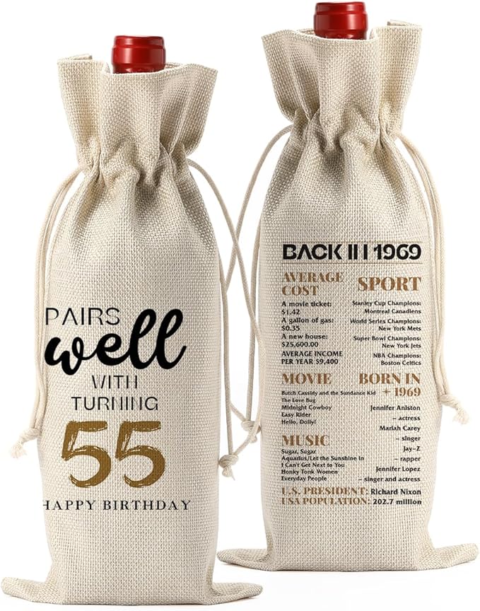 55th Birthday Gifts for Women Men, Birthday Gift 55 Year Old Woman Grandparents Wine Gift Bag, Wine Accessories Gifts Anniversary 55th Birthday Decorations Wine Bag Wine Bags for Wine Bottles Gifts