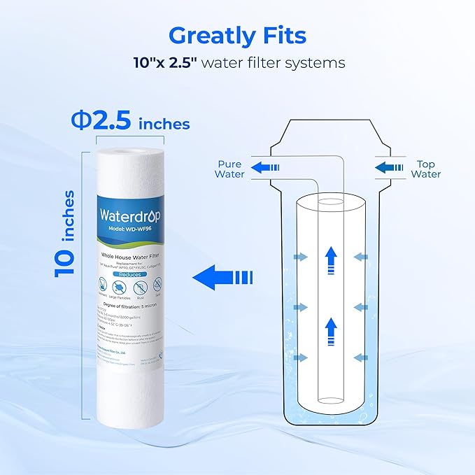 Watedrop 5 Micron Water Filter 10" x 2.5" Whole House Water Filter Replacement Cartridge, Sediment Water Filter Replacement for Any 10 inch RO Unit, Aqua-Pure® AP110, Culligan® P5, WHKF-GD05, 6 Pack