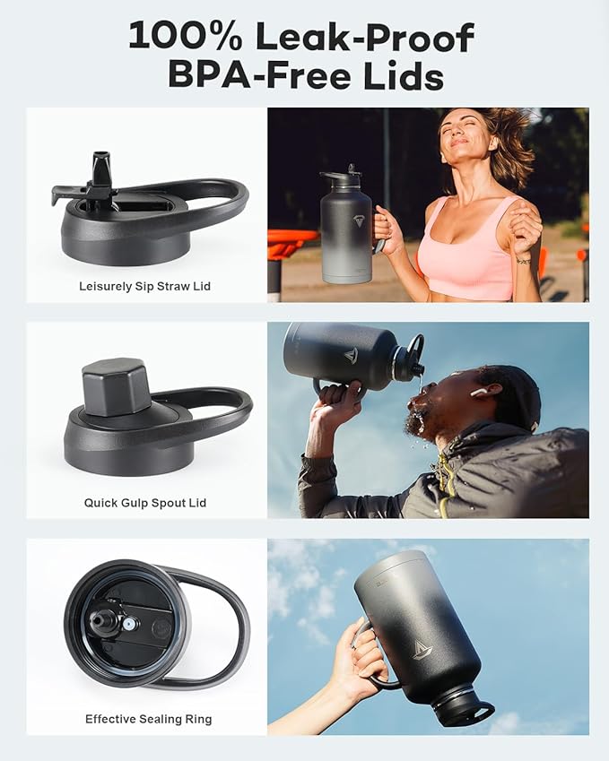 64 oz Insulated Water Bottle with Straw and Lid, Half Gallon Stainless Steel Cup with Handle,Leakproof Metal Travel Jug Flask Mug Tumbler Cup With Carry Pouch and Brush,Keep Cold & Hot,Grey