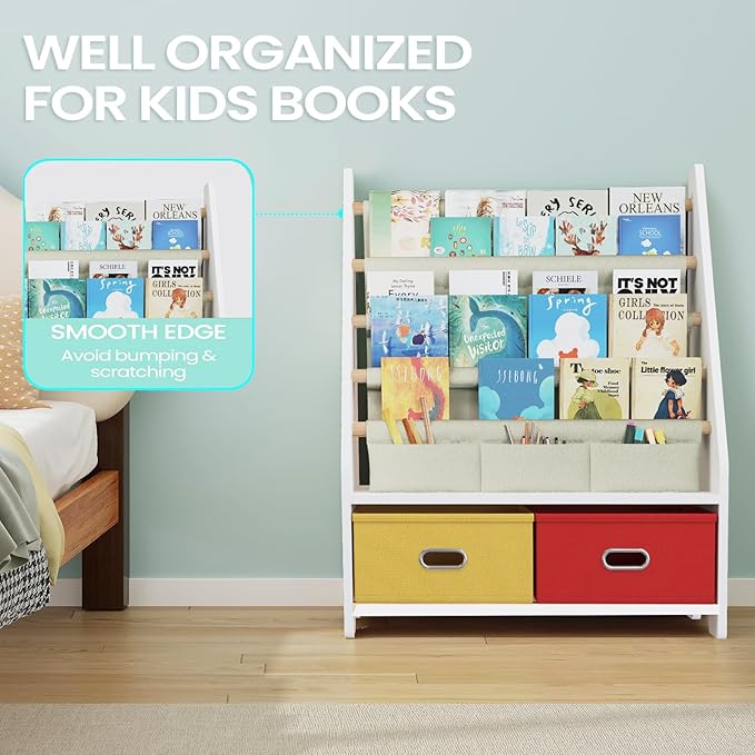 4 Tier Kids Book Shelf, Wooden Kids Book Rack, White Kids Bookshelf with Toy Storage Organizer, Toddler Sling Bookshelf for Boys, Girls, Kids Room, Red/Yellow