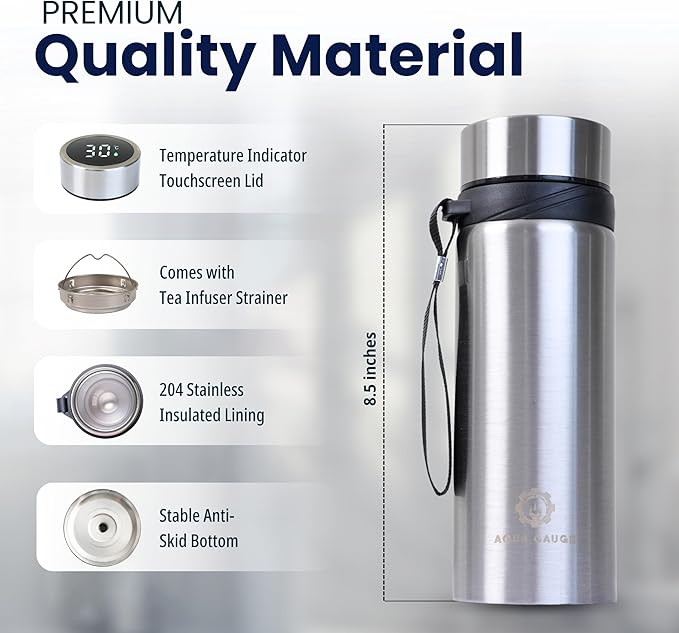 Stainless Steel Thermal Bottle, 600 mL, Digital Temperature Display, 4 Colors (Silver)