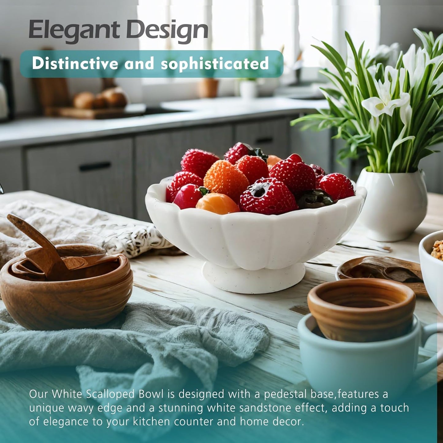 Accessoryway 8" White Fluted Scalloped Decorative Bowls -Moderate Ceramic Fruit Bowl for Kitchen Counter, Elegant Wavy Edge Centerpiece Bowls for Home Decor, Perfect for Housewarming &Wedding Gift