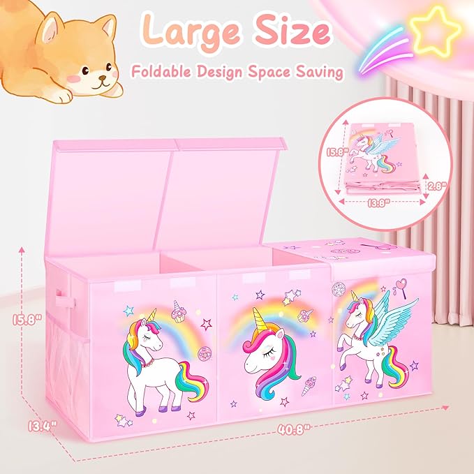 Extra Large Toy Chest, Collapsible Sturdy Toy Storage Organizer with Lids, 41"X14"X16"Large Kids Toy Box Chest, Kids Storage Bins Basket for Girls, Boys, Kids, Nursery, Playroom, Pink