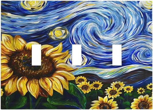 Vintage Abstract Blue Starry Sunflower 3 Gang Light Switch Covers Triple Toggle Wall Plate Decorative Switchplate Electrical Faceplate for Farmhouse Country Bedroom Decor