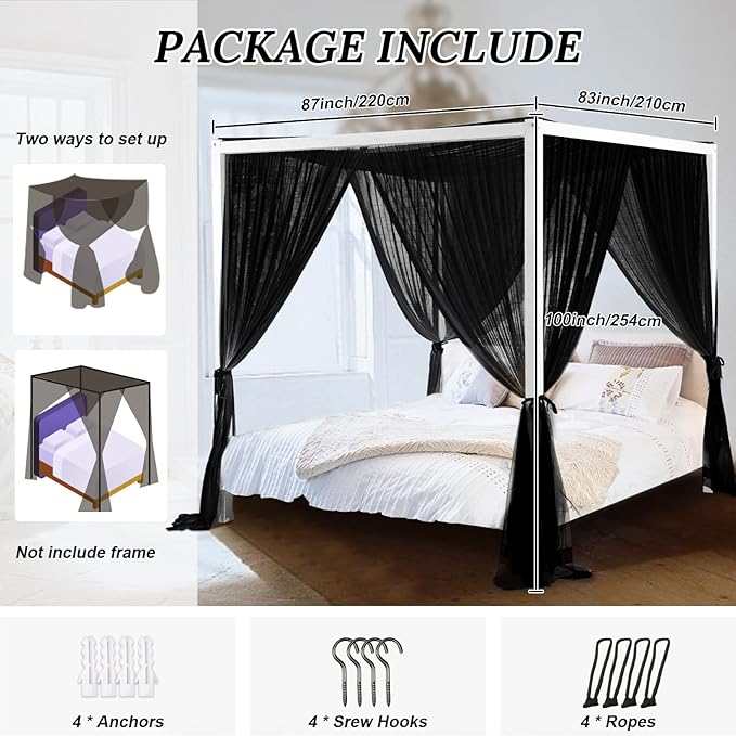 South to East Black Canopy Bed Curtains, 4 Corner Post Bed Canopy for Girls & Adults, Top Luxurious Bed Drapes for Bedroom Decoration, 4 Openings, 100% Ripstop Polyester, Easy Install, King/Queen Size