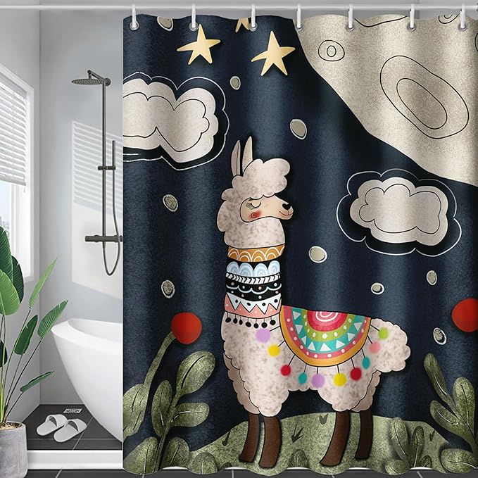 AILONEN Cute Llama Shower Curtain for Kids,Galaxy Llama Print Bath Curtain Gifts for Boys Girls,Polyester Waterproof for Bathroom with 12 Plastic Hooks 48" W*72" H