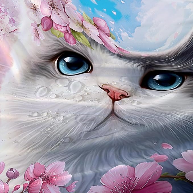 AILONEN Lovely Cat Shower Curtain Set, Pink Cherry Blossom Waterproof Fabric Shower Curtain for Kids Boys Girls,Fat Kitty Cloth Shower Curtain for Bathroom,72" W*78" H