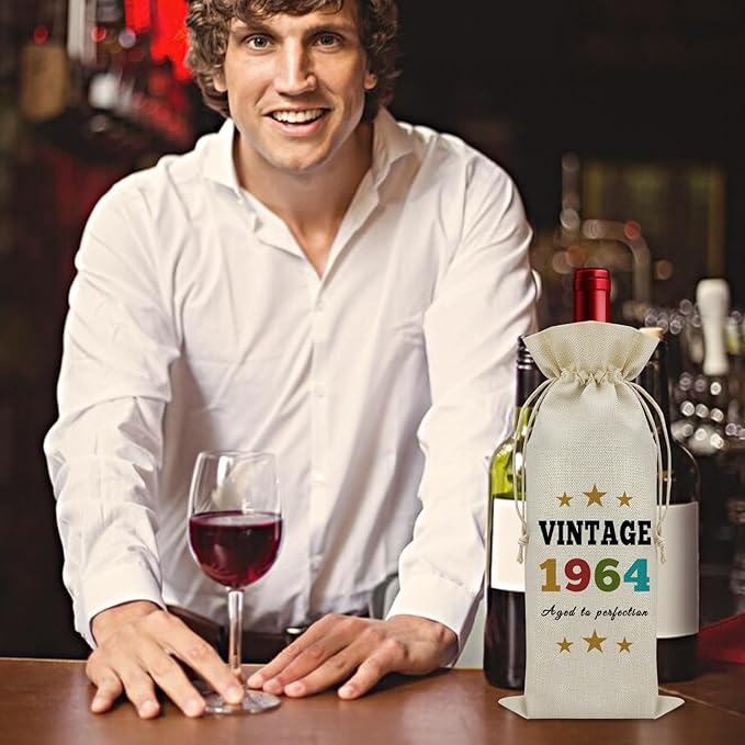 Sazuwu Vintage 1964 Gifts for Women Men Wine Bag Happy 60th Birthday Mom Gifts 60 Year Old Birthday Gifts for Dad Wine Accessories Gifts for Wine Lovers Turning 60 Gifts for Grandma Grandpa