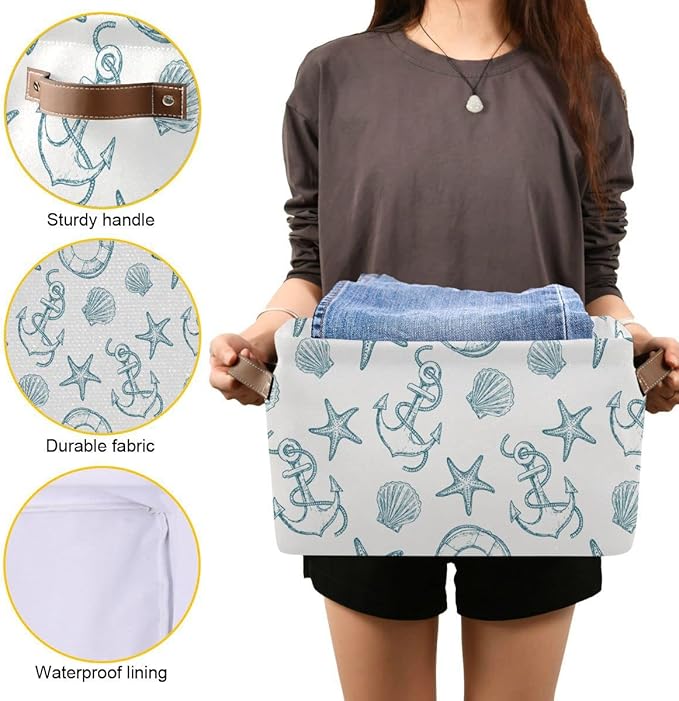 Coastal Anchor Nautical Theme Storage Basket Fabric Laundry Baskets Starfish Summer Beach Storage Boxes Organizer Bag for Baby Cloth Dog Toy Book Storage Cubes Shelf Closet Bins 16x12x8 Inches