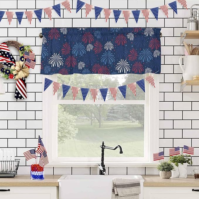 July 4th Kitchen Curtains Valances for Windows Fireworks Celebrate Patriotic Americana Stars Rod Pocket Window Treatment for Kitchen/Living Room/Bedroom/Bathroom, 42" X 12", Red, White and Blue