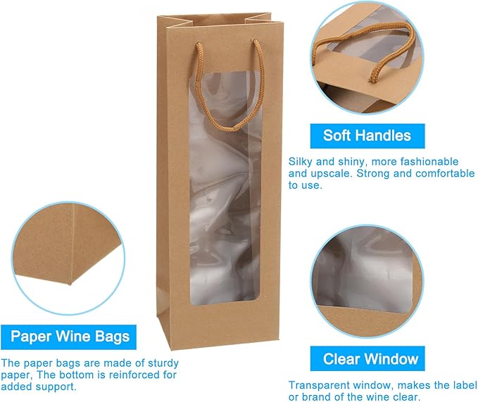 uxcell Wine Bags, 20pcs 4.92"x3.35"x14.2" Wine Gift Bags with Rope Handles, Paper Wine Tote Bag with Clear Window for Wedding Birthday Christmas Party Supplies, Wood