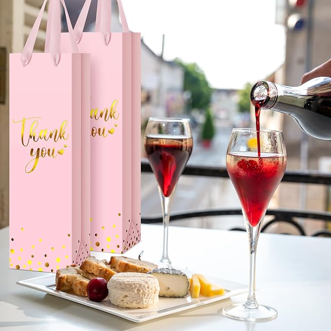 Ctosree 30 Pcs Wine Gift Bag for Wine Bottle Wedding Wine Thank You Gift Bag with Metallic Gold Foil Print Kraft Wine Paper Favor Bag with Attractive Rope Handle for Graduation Bottle(Pink)