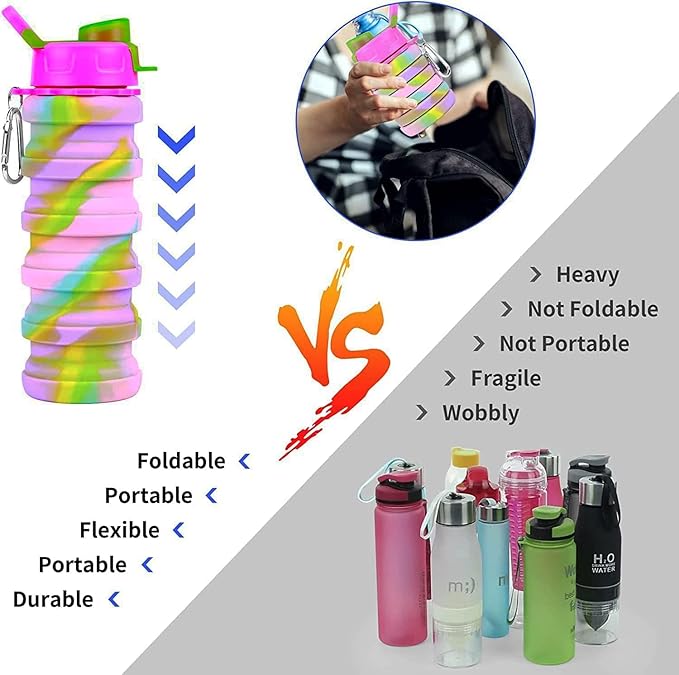 Collapsible Water Bottle, Foldable Cup,500Ml Collapsible Sport Water Bottle Bpa Reusable Travel Water Bottles For Hiking Biking Running Outdoor Gym (Pink(B))