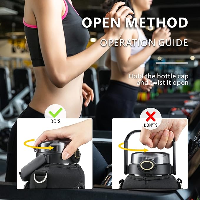 Half Gallon 64oz Glass Water Bottle with Straw and Storage Sleeve Motivational Water Bottle with Strap and Time to Drink 2L Leakproof Reusable Water Jug for Fitness Gym and Outdoors