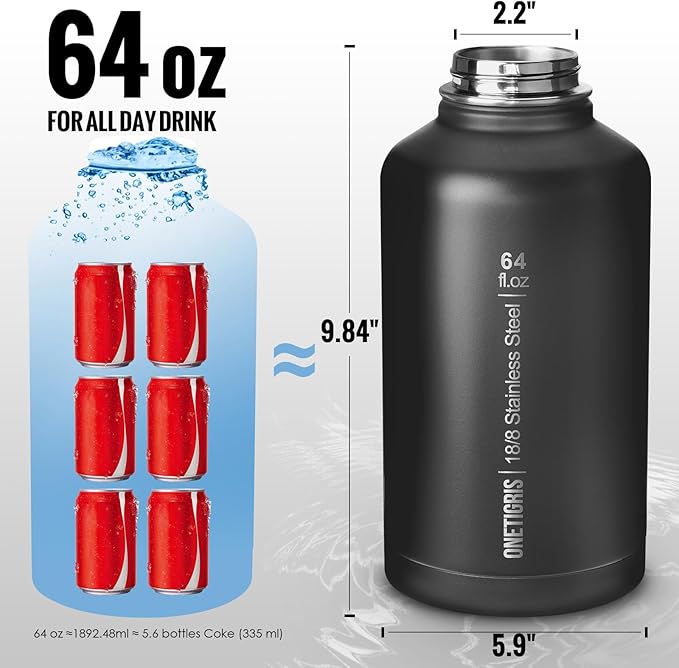 OneTigris Tactical Half Gallon Water Bottle with Straw - 64 oz Vacuum Insulated Stainless Steel Water Jug, Leakproof Sport Bottle with 3 BPA Free Lids, Paracord Handle & MOLLE Water Pouch for Outdoor