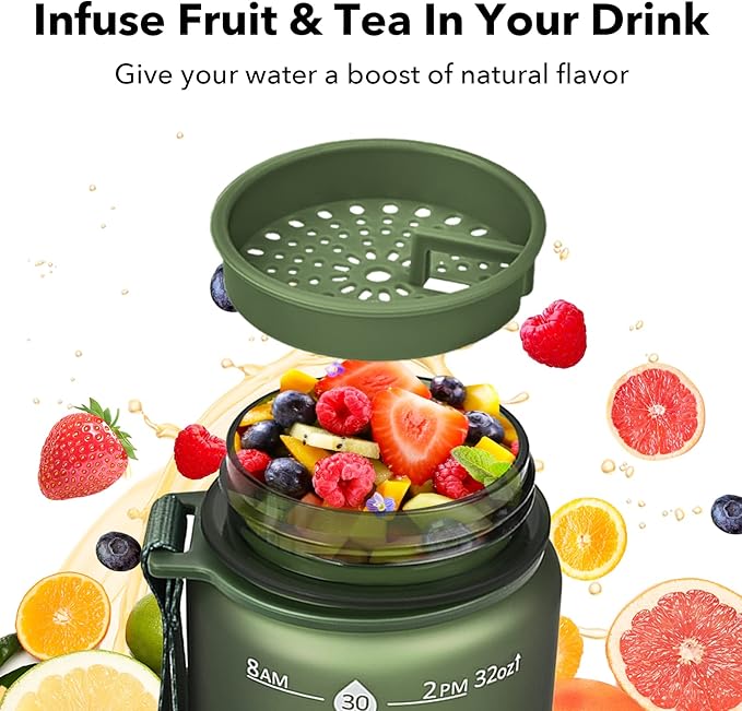 GOSWAG 32oz Motivational Water Bottles with Time Marker and Fruit Strainer, Sports Water Bottle with Times to Drink, Leakproof, Reusable Plastic Bottle with Strap no Straw for Gym, School