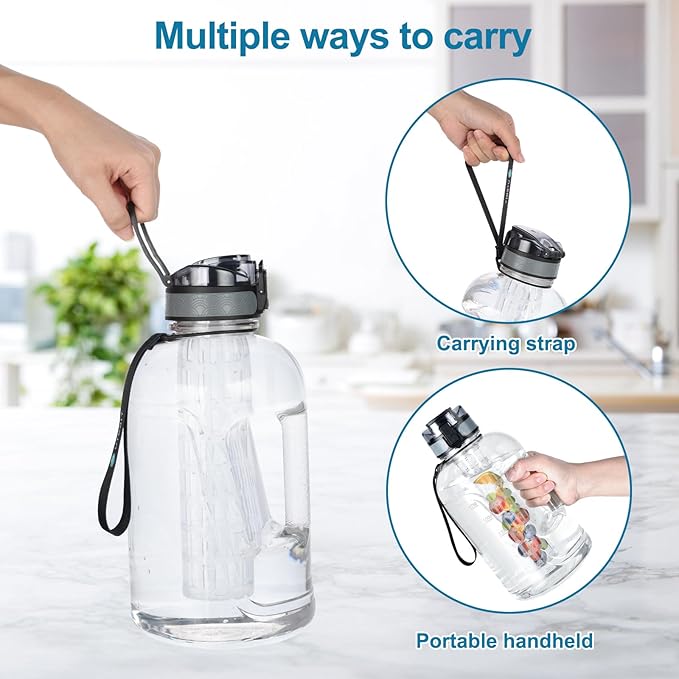UTEBIT 74 OZ Fruit Infuser Water Bottle, Half Gallon Insulated Sports Water Bottle With Straw, 2.2L BPA Free Leak Proof Tritan Large Water Jug with Strap for Gym, Camping, Travel, Outdoor