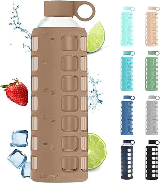purifyou Glass Water Bottles 40/32 / 22/12 oz with Time & Volume Markings & Extra Thick Silicone Sleeve, Reusable Drinking Bottle for Water Milk Juice (32oz Iced Coffee)