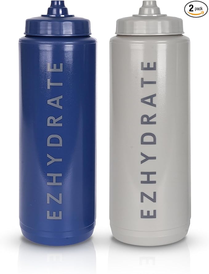 2 Pack Blue + Grey 32oz Squeeze Water Bottles - Sports Water Bottles For Football, Hockey, Athletic Training,Bike & Cycling - Reusable Squirt Bottle Set, BPA-Free, Perfect for Gym, Travel