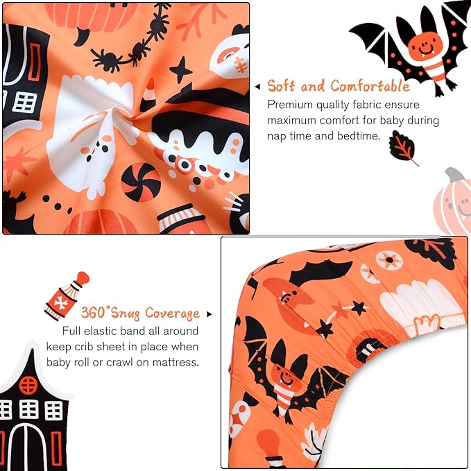 JISEN Halloween Crib Sheet Pumpkins Fitted Crib Sheet for Boys Girls Crib Mattress Cover Baby Sheet for Standard Crib and Toddler Mattress Soft Breathable Baby Bed Sheet for Neutral 52x28 Inch Ghosts