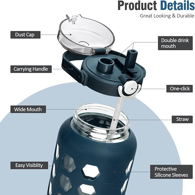 MUKOKO Half Gallon/64 oz Glass Water Bottles with Straw and Lid,Motivational Water Jug with Time Marker Reminder and Silicone Sleeve,100% Leakproof BPA Free Fitness Sports Large Bottle-Blue