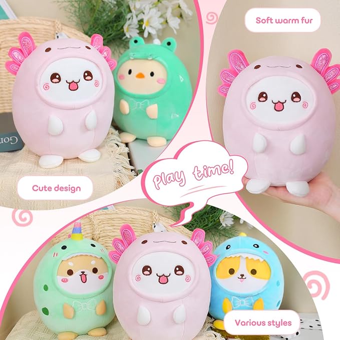 Cute Plush Axolotl Cat Stuffed Animal Pillow, 8" Soft Kawaii Kitten Plushie with Pink Axolotl Salamander Outfit Gift for Kids