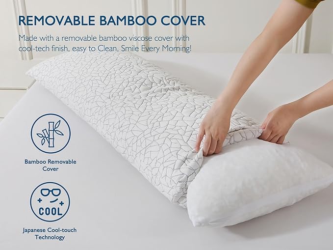 Dafinner Shredded Memory Foam Body Pillow for Adults, Removable Cooling Bamboo Rayon Cover, Soft-to-Firm Adjustable Loft, Full Body Long Bed Pillow for Stomach, Back or Side Sleepers, 20x54”