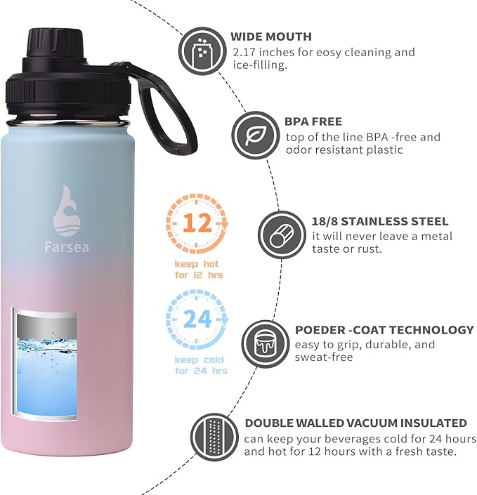 Farsea Insulated Water Bottle With Paracord Handle, Protective Boot and 2 Lids (Straw Lid & Spout Lid), Stainless Steel Water Bottle Wide Mouth, Double Wall Sweat-Proof BPA-Free, 18 oz