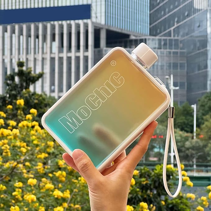 Mochic 13oz Portable Water Flask Flat Water Bottle for Purse Mug BPA Free A5 Slim Square Water Bottle Flask Leak Proof Plastic Flask Bottle for Travel (Gradient White)