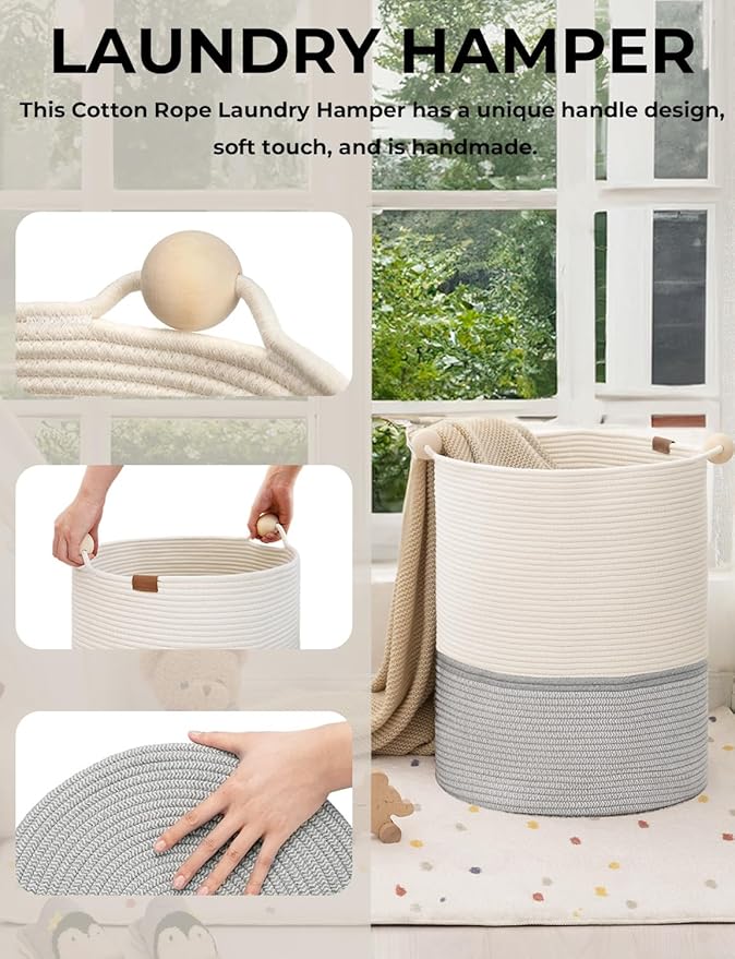 StorageWorks 58L Cotton Rope Laundry Basket with Wooden Beads Handles, Woven Basket for Storage, Dirty Clothes, Kids Toys, Towels, White & Grey