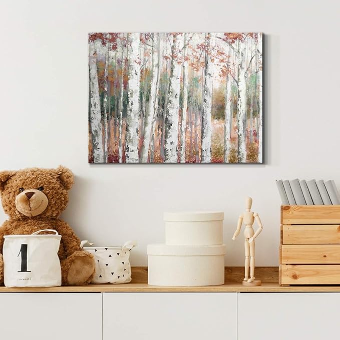 Renditions Gallery Canvas Nature Wall Art Modern Paintings Decorations Autumn Birch Forest Rustic Abstract Vibrant Foliage Wall Hanging Artwork for Bedroom Office Kitchen - 18"x27" LT33