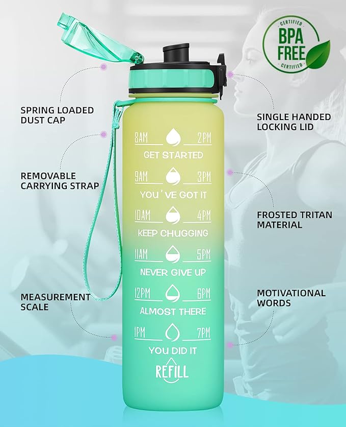 32oz Motivational Water Bottle with Time Marker & Fruit Strainer, Leak-proof BPA Free Non-Toxic Bottle with Carrying Strap, Perfect for Fitness, Gym and Outdoor Sports