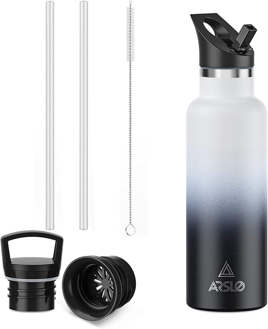 Stainless Steel Water Bottle with Straw - Insulated Water Bottle for Sports, Gym, School, Commute, Adults/Kids - Keep Cold for up to 24 Hours - Sweat/Leak-proof - 2 Lids - BPA Free