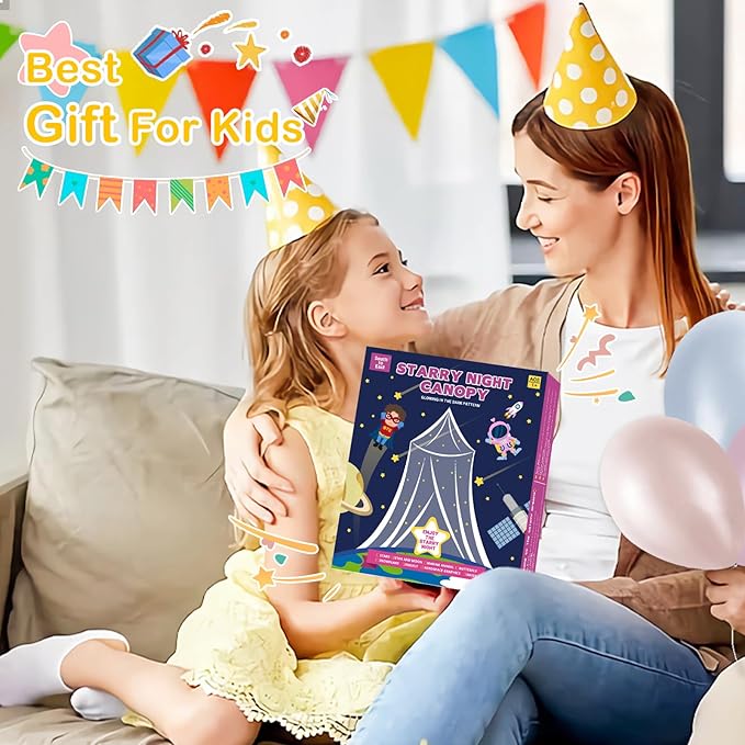 South to East Bed Canopy with Glowing Stars in The Dark, Black Bed Curtains for Kids Bed & Toddler Bed, Twin, Full & Queen Bed, Mosquito Net Canopy for Adult Bedoom, Easy to Install