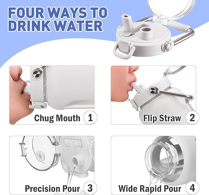 84oz Glass Water Bottle with Stainless Steel Handle,2.5L Gallon Water Bottle With 2-IN-1 Straw Lid, Silicone Sleeve and Motivational Capacity Marker, Wide Mouth Water Jug For Gym, Workout, White