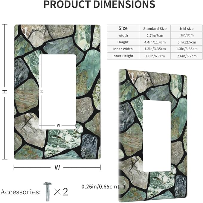 Green Stone Texture Single Rocker Light Switch Wall Plate Cover Decorative 1-Gang for Outlet Room Bathroom Bedroom Home Kitchen One Decora Receptacle Polycarbonate Power Gear 4.5" x 2.76"