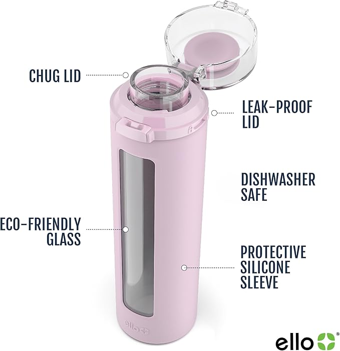Ello Syndicate Glass Water Bottle with One-Touch Flip Lid and Protective Silicone Sleeve and Carry Loop, BPA Free, Dishwasher Safe,20oz