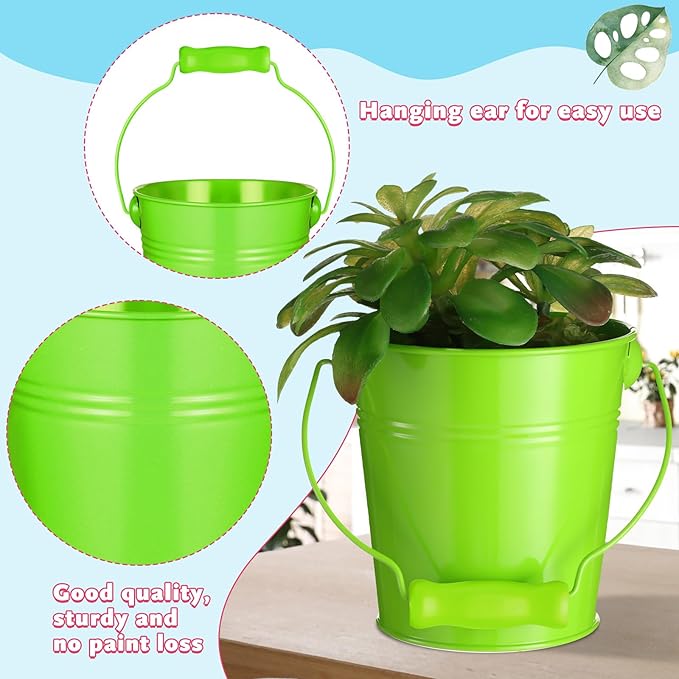 Therwen 24 Pieces Small Metal Buckets with Handle Colored Galvanized Bucket Round Metal Pail for Kids Classroom Candy Crafts,Utensils, Vase Party Favor(4.13 Inch,Wood Handle)